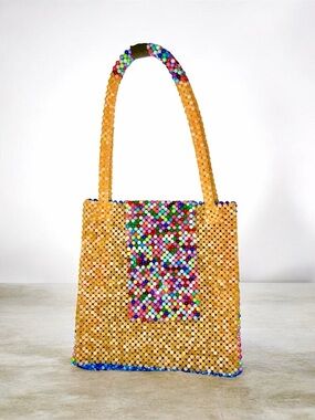 African Craftmanship Handmade Beaded Yellow Blue Multicolor Tote Bag OS NEW